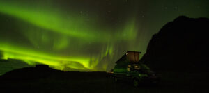 VW camper in Lofoten aurora borealis